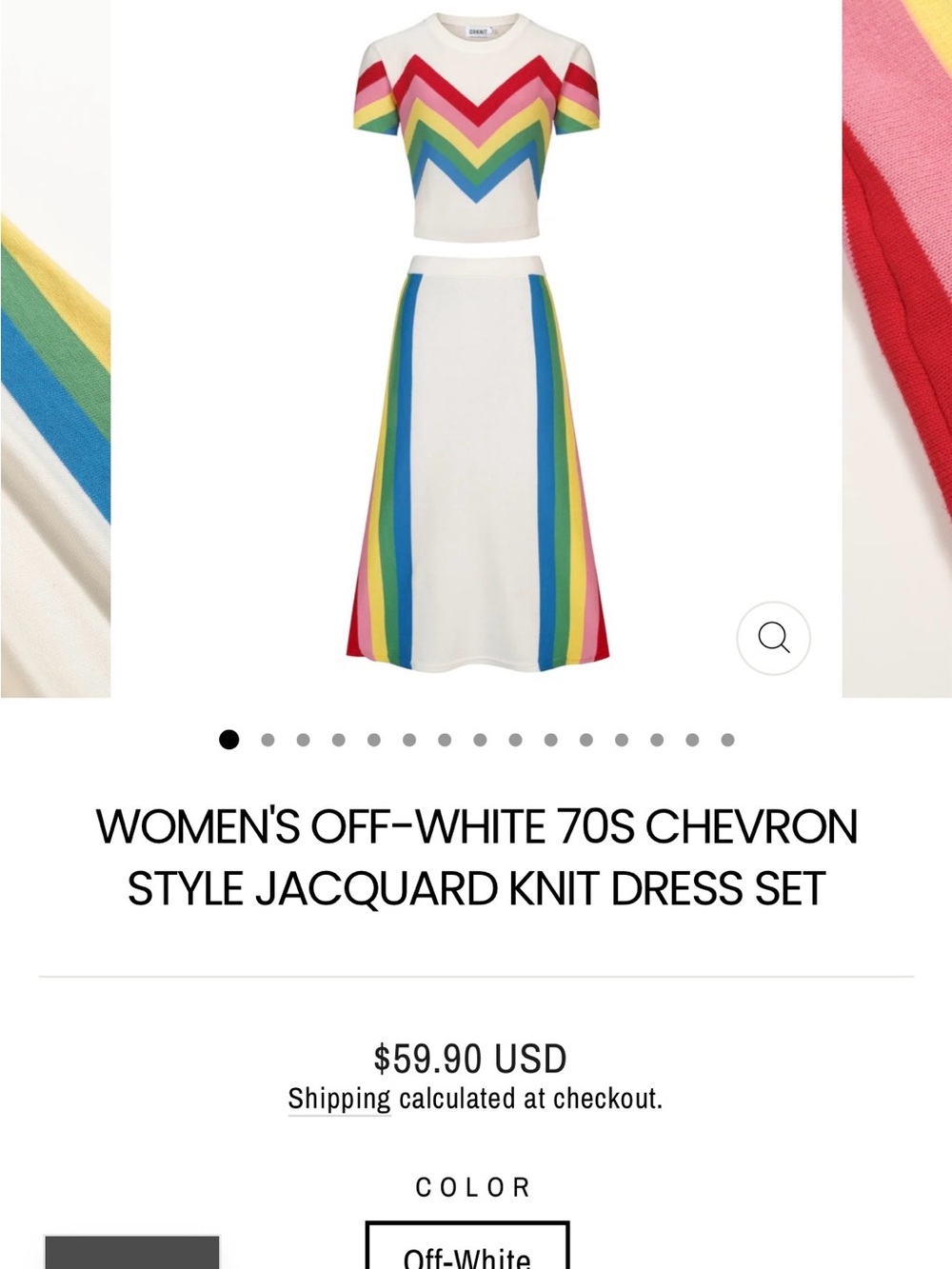 Oxknit Retro Off-White Chevron knit Midi Dress with Rainbow Stripes